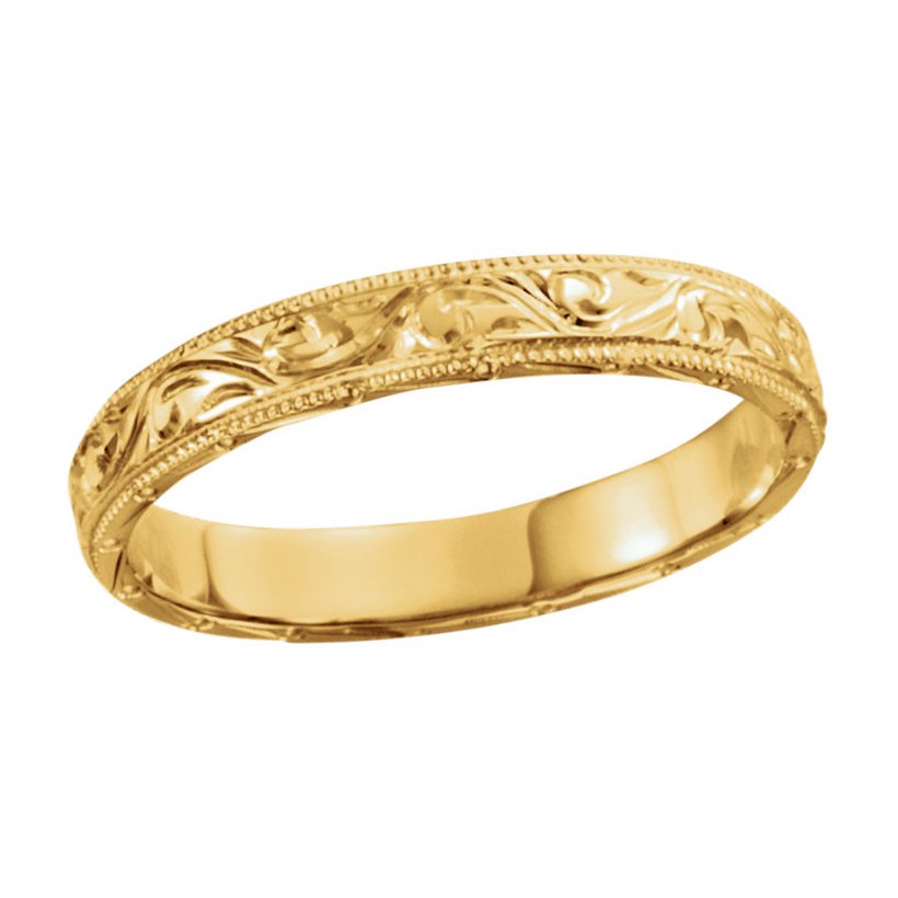 Milgrain Edging Hand-Engraved Band, 3mm 14k Yellow Gold. 