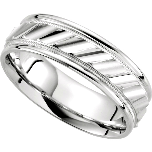 Fancy Grooved Design Comfort-Fit 18k White Gold Band. 