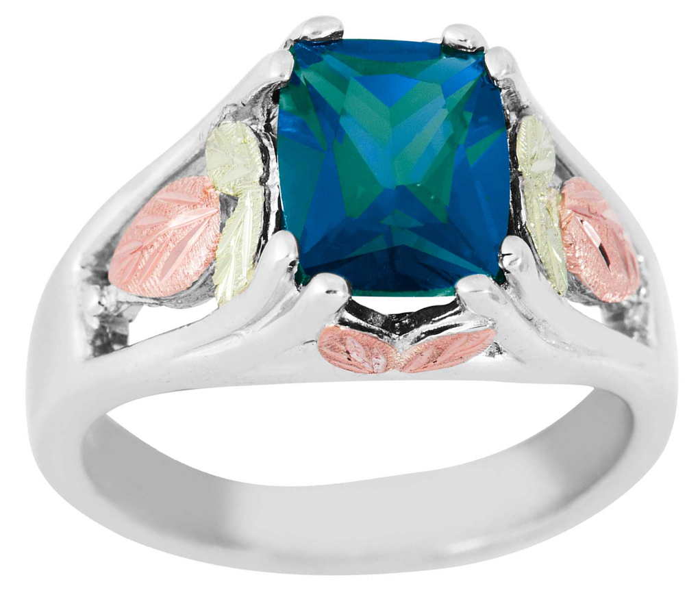 Created Alexandrite rhodium plate sterling silver, 12k green and rose gold Black Hills Gold motif.