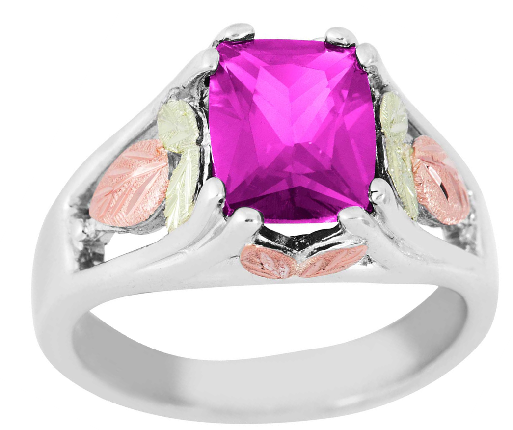 Created Rose Zircon October birthstone rhodium plated sterling silver, 12k rose and green gold.