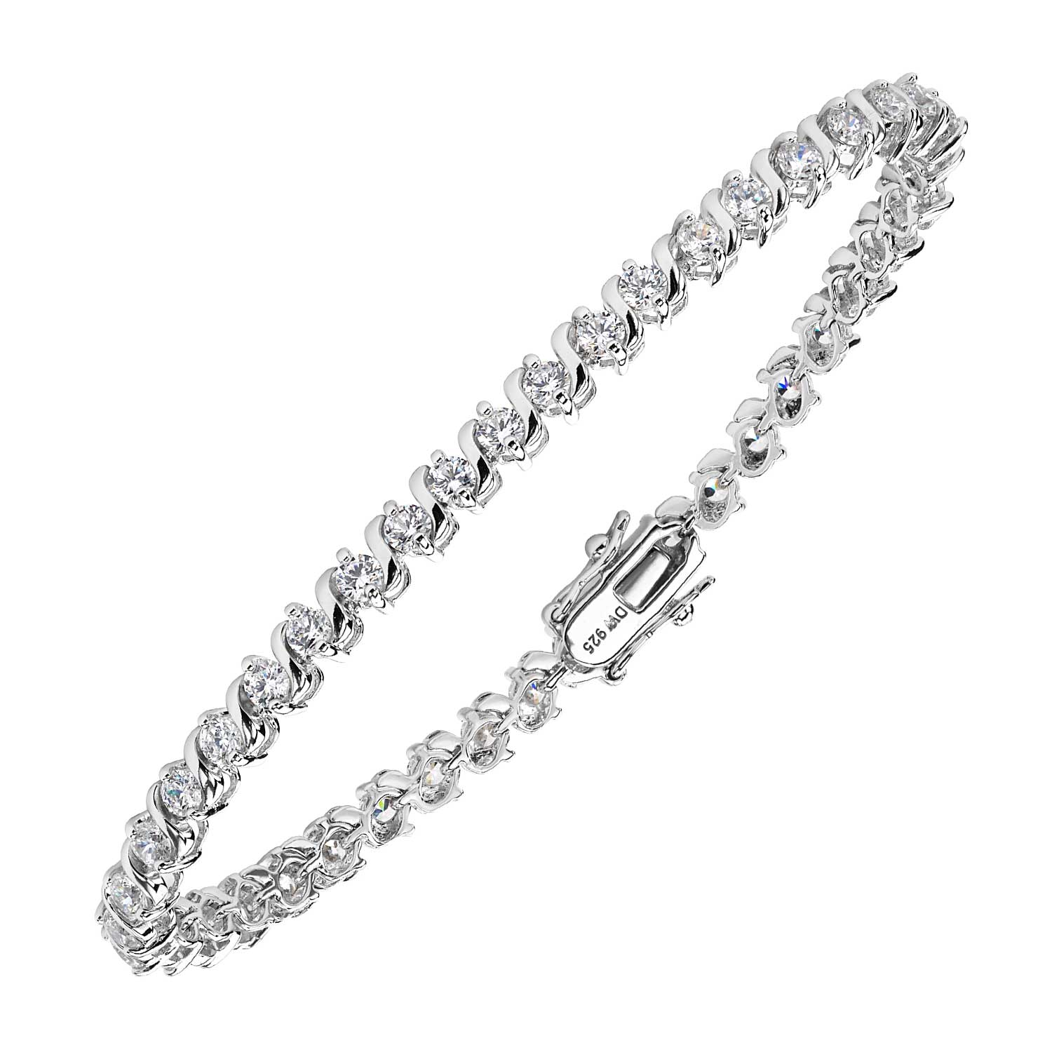 Gorgeously hand-crafted line bracelet in bright tarnish resistant rhodium plated sterling silver and high quality cubic zirconias finished with a safety clasp; this bracelet is exquisite and well priced.