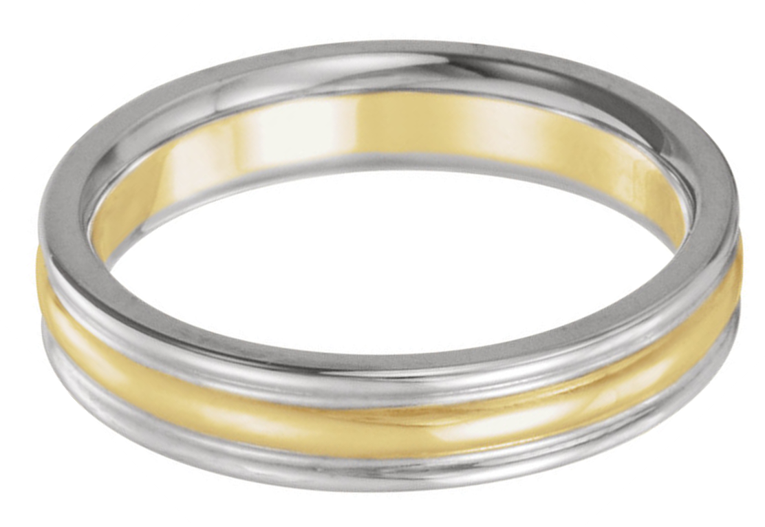 Slim-profile grooved comfort-fit band, 14k white gold and 14k yellow gold. 