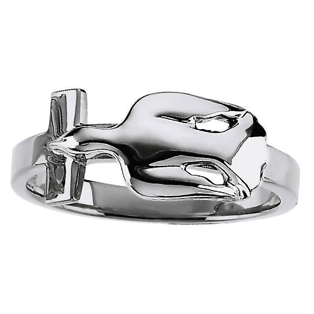 Dove with Raised Edge Cross Ring, Rhodium-Plated 14k White Gold. 