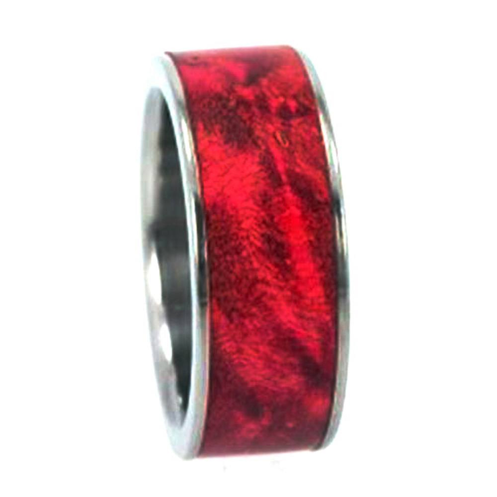 Red Burl Wood Inlay 10mm Comfort Fit Interchangeable Titanium Band.