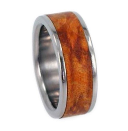 Gold Box Elder Burl Wood Inlay 6mm Comfort Fit Interchangeable Titanium Band.