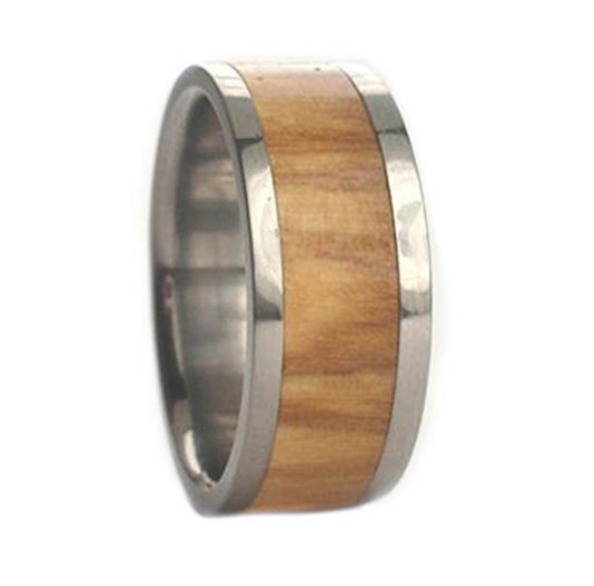 Olive Wood Inlay 8mm Comfort Fit Titanium Interchangeable Wedding Band.
