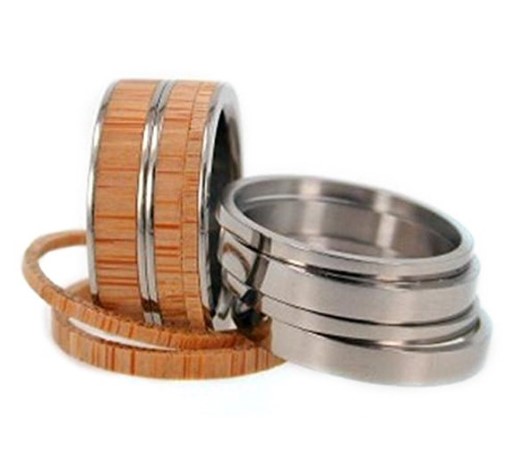 Eco Friendly Bamboo Wood 8mm Comfort-Fit Titanium Interchangeable Rings Set.