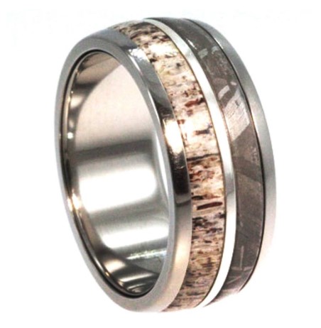 Deer Antler, Gibeon Meteorite, 14K White Gold 10mm Comfort-Fit Interchangeable Titanium Wedding Band.