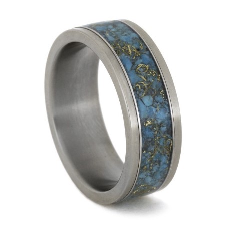 Turquoise, 14k Yellow Gold 8mm Comfort-Fit Interchangeable Matte Titanium Ring.