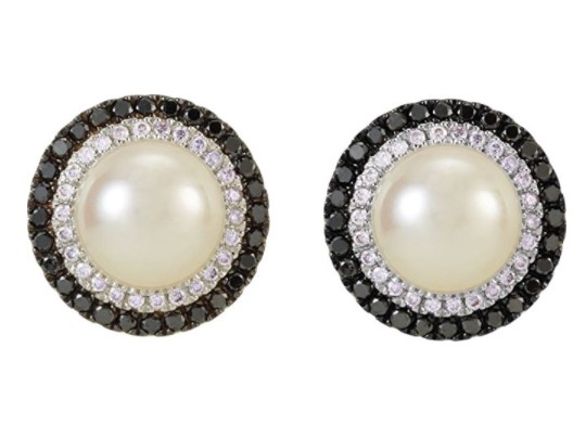 14k White Gold Freshwater Cultured Pearl, Black and White Diamond Halo Earrings.