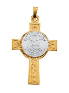 14k Yellow Gold, 14k White Gold US Army Halo Cross Pendant.