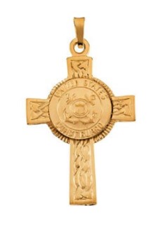 14k Yellow Gold US Coast Guard Halo Cross Pendant.