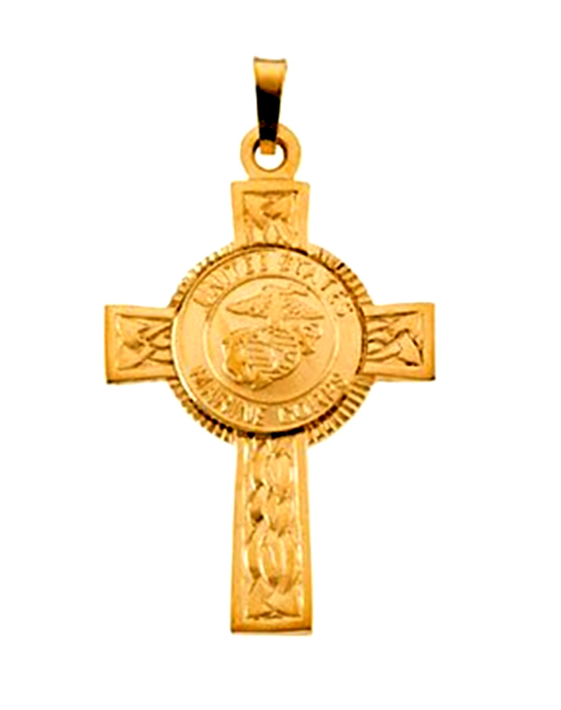 14k Yellow Gold U.S. Army halo cross pendant has raised text and an engraved pattern on the arms to show the flow with teamwork.