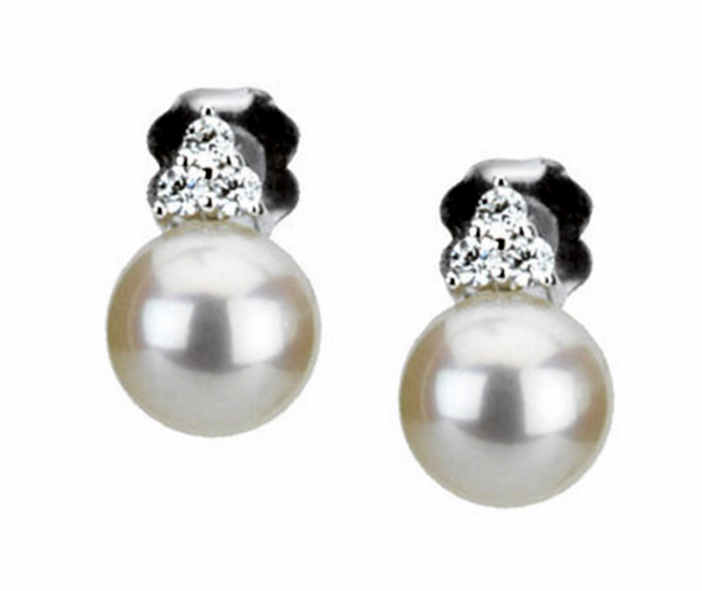 Exquisite, near-round, AA quality, white freshwater cultured pearl and diamond stud earrings.