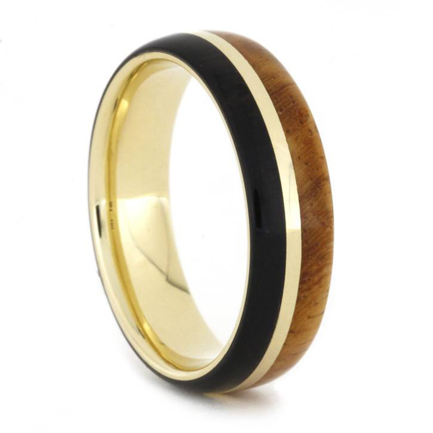 14k Yellow Gold African Black Wood, Amboyna Wood Comfort Fit Band.