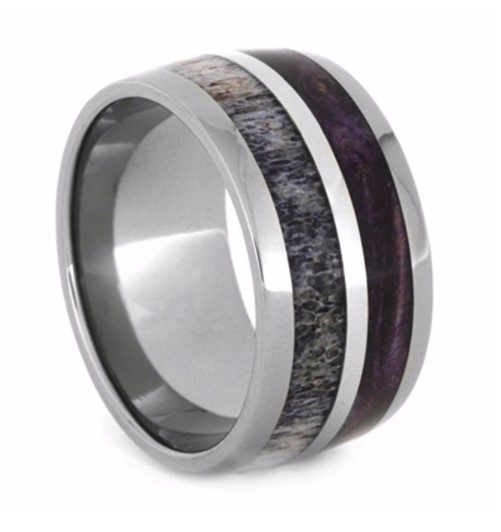 Deer Antler, Purple Box Elder Wood, White Gold 12mm Comfort-Fit Titanium Band.