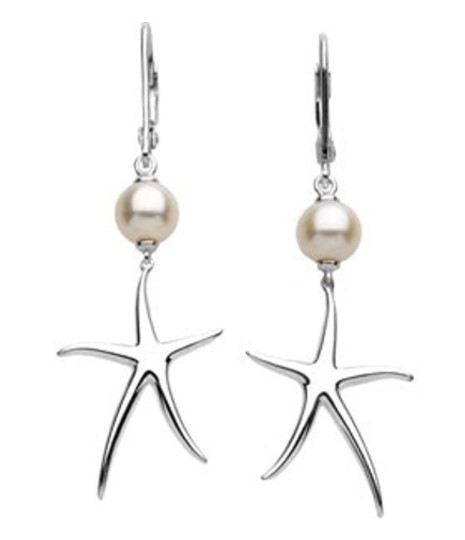 Freshwater Cultured White Pearl Starfish Earrings, 7MM - 7.50 MM, Sterling Silver.