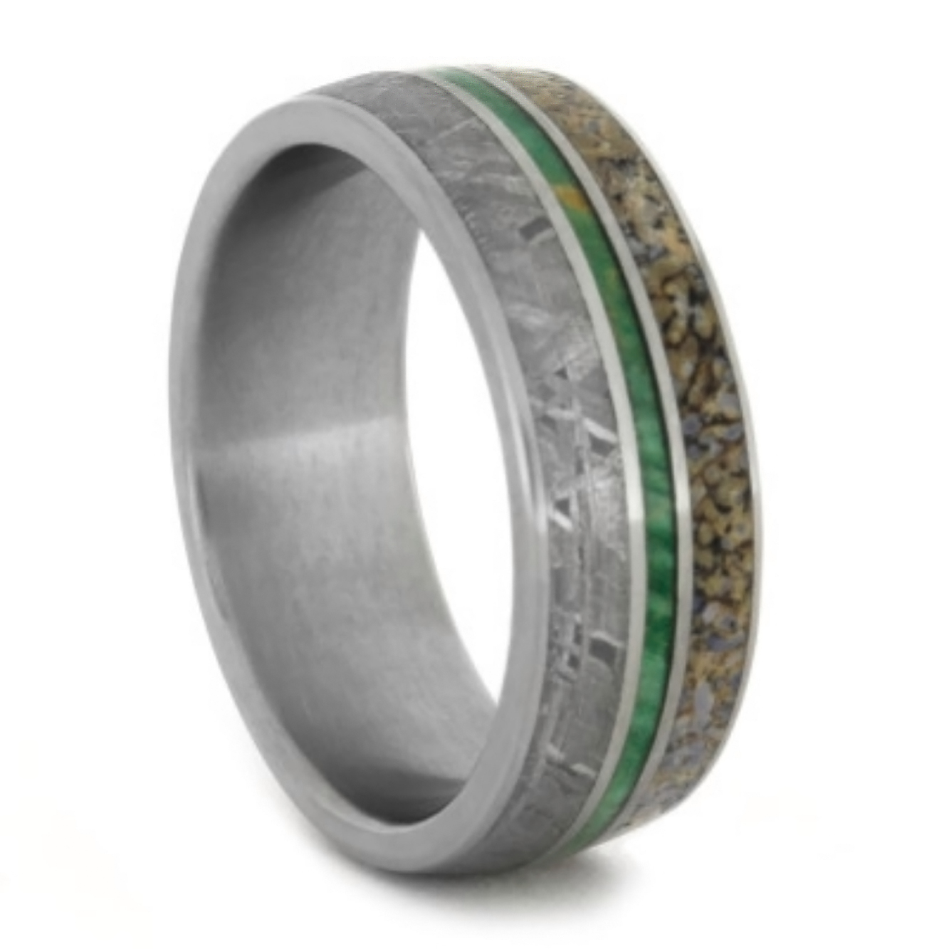 Green Box Elder wood on-center of Gibeon Meteorite and Dinosaur Bone, they are overlaid on a matte titanium comfort fit ring.
