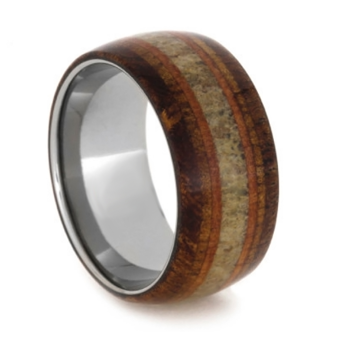 Handmade genuine Elk antler, black Mesquite wood, Koa wood and Cedar 11 millimeter titanium band.