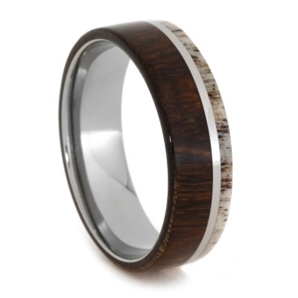 Handmade Ironwood and deer antler band with a titanium pinstripe inlay on a comfort-fit titanium band. Ring is 8.00 millimeters wide.