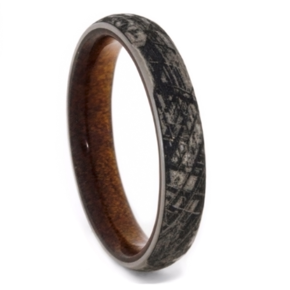 Comfort-Fit Kauri Wood Band with a Memetric Meteorite Engraved Pattern Overlay.