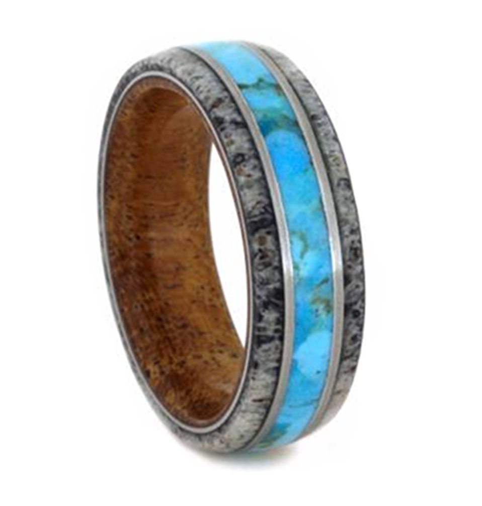 Turquoise, Deer Antler, Mesquite Wood Sleeve 7mm Comfort-Fit Brushed Titanium Wedding Band .