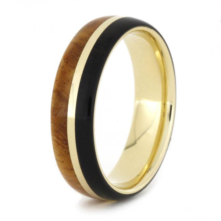 14k Yellow Gold African Black Wood, Amboyna Wood Comfort Fit Band with a 14k yellow gold pinstripe separating the wood.