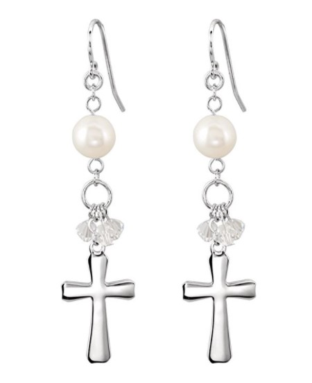 Rhodium Plate Sterling Silver Freshwater Pearl Cross Earrings.