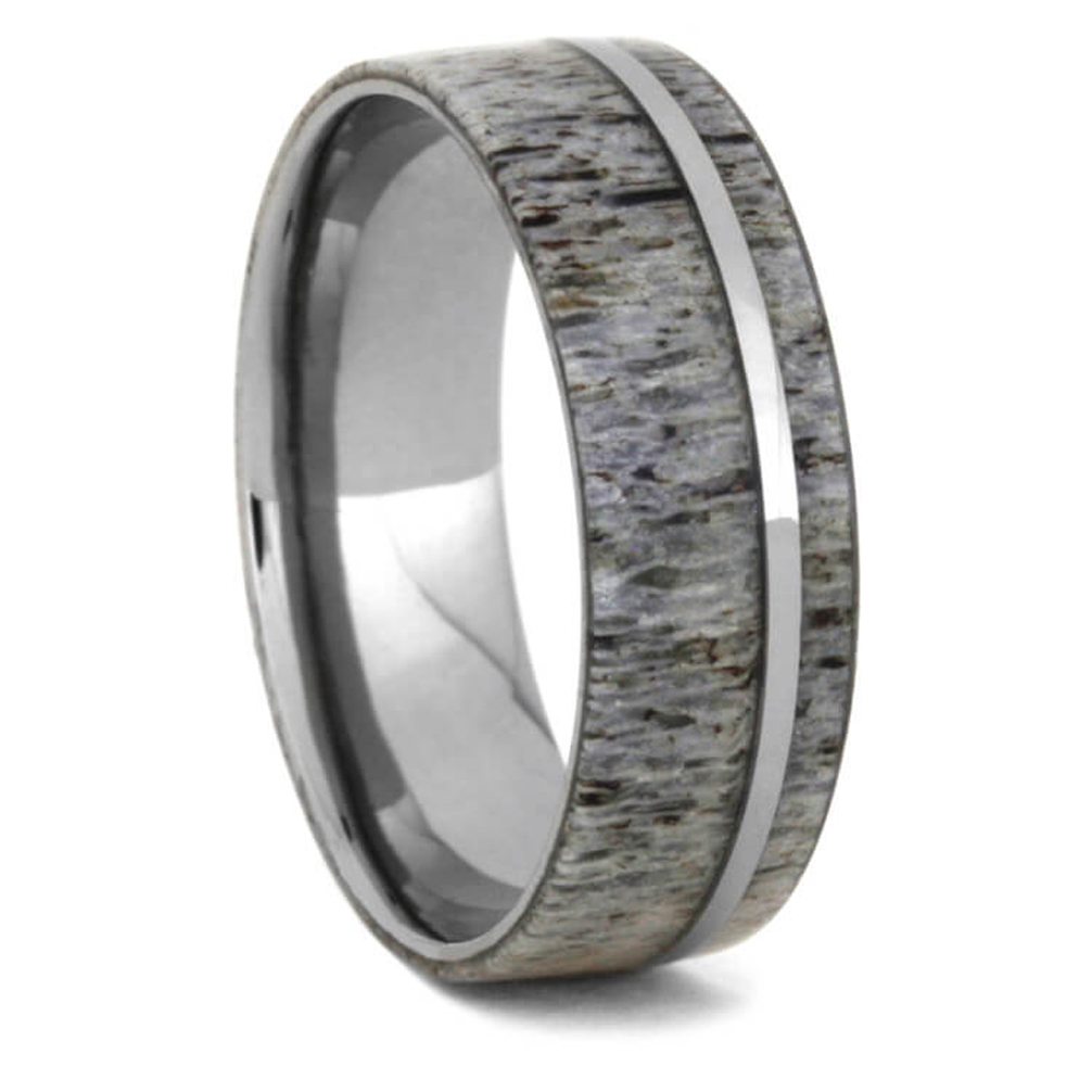 Deer Antler and a titanium pinstripe are inlaid on a 6 millimeter comfort-fit, hypoallergenic titanium ring.