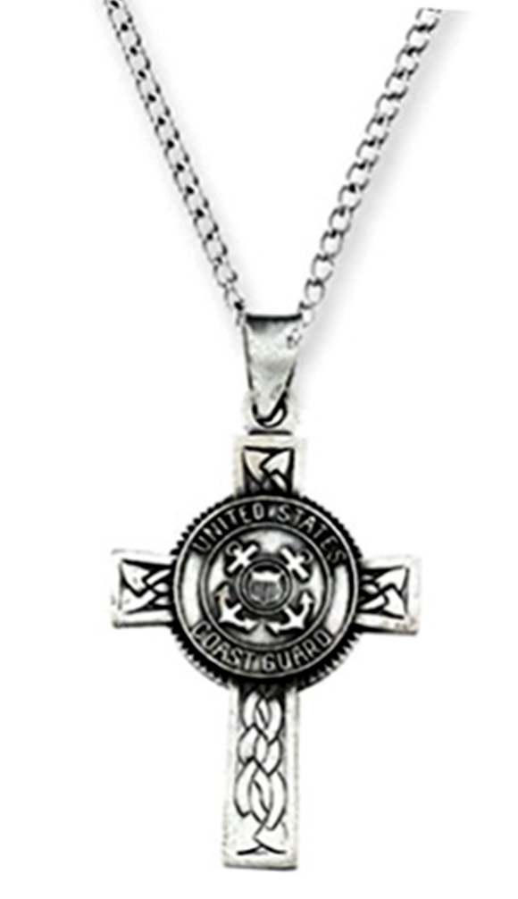Sterling silver U.S. Coast Guard halo cross pendant necklace; chain is 24 inches long.
