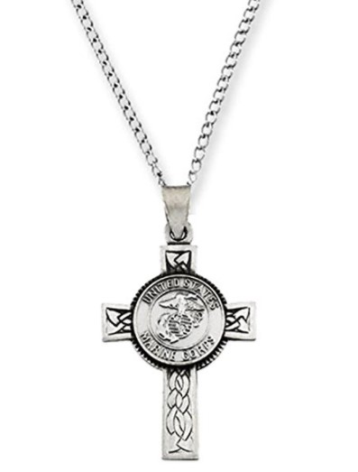 US Marines Halo Cross Sterling Silver Pendant Necklace.