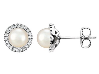 White Cultured Freshwater Pearl and Diamond Halo Button Earrings, Rhodium-Plated 14K White Gold, (5.5-6MM) (.13 Cttw, Color HIJ, Clarity I1-I2).
