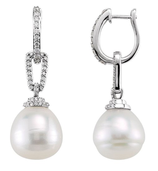 White Cultured South Sea Pearl with Diamond Hoop Earrings, 14k White Gold, (12MM) (.50 Ctw, H-I Color, I1 Clarity).
