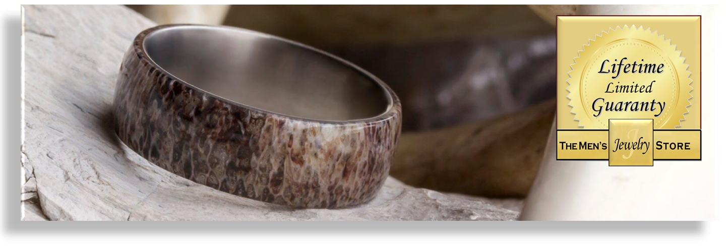 Handmade naturally shed antler rings with free engraving and lifetime warranty from The Men's Jewelry Store.