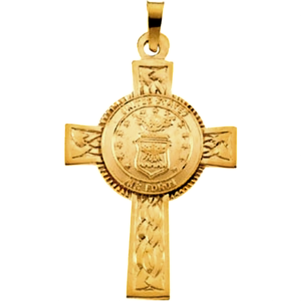 US Air Force halo cross crafted in 14k yellow gold.
