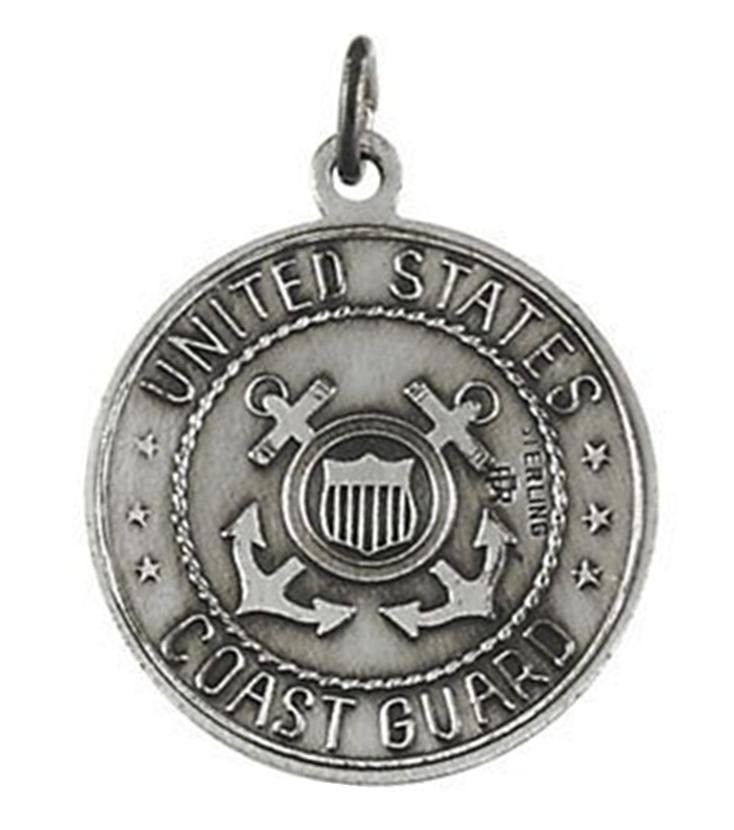 U.S. Coast Guard sterling silver St. Christopher Protect Us nedal necklace, which is suspended from an 18 inch sterling silver chain.