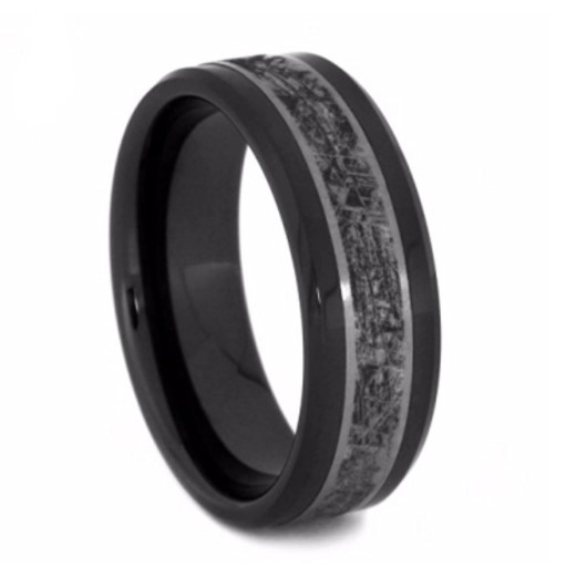 Black Ceramic, Mimetic Meteorite 8mm Comfort-Fit Matte Titanium Wedding Band.