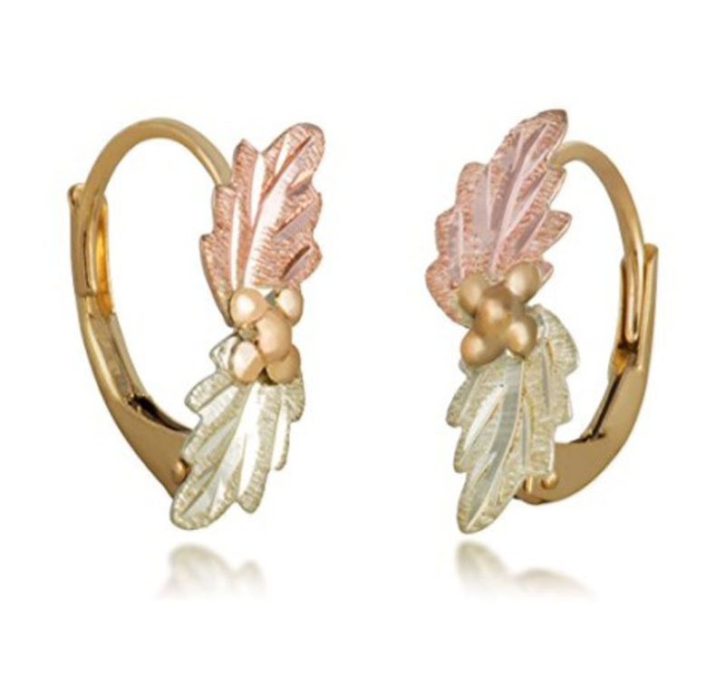 Bypass Leaf Leverback Earrings, 10k Yellow Gold, 12k Green and Rose Gold Black Hills Gold Motif
