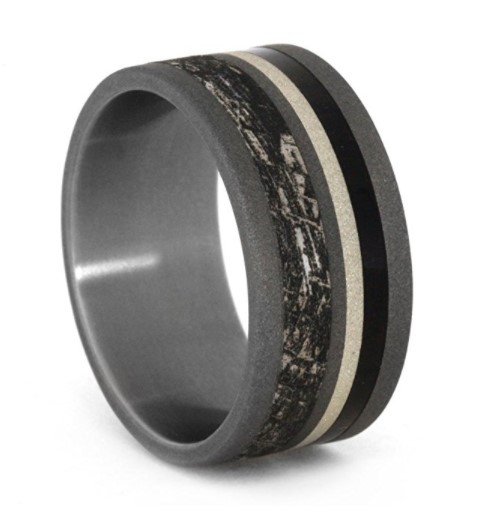 Mimetic Meteorite, African Blackwood, Sterling Silver Stripe 9mm Comfort-Fit Sandblasted Titanium Band.