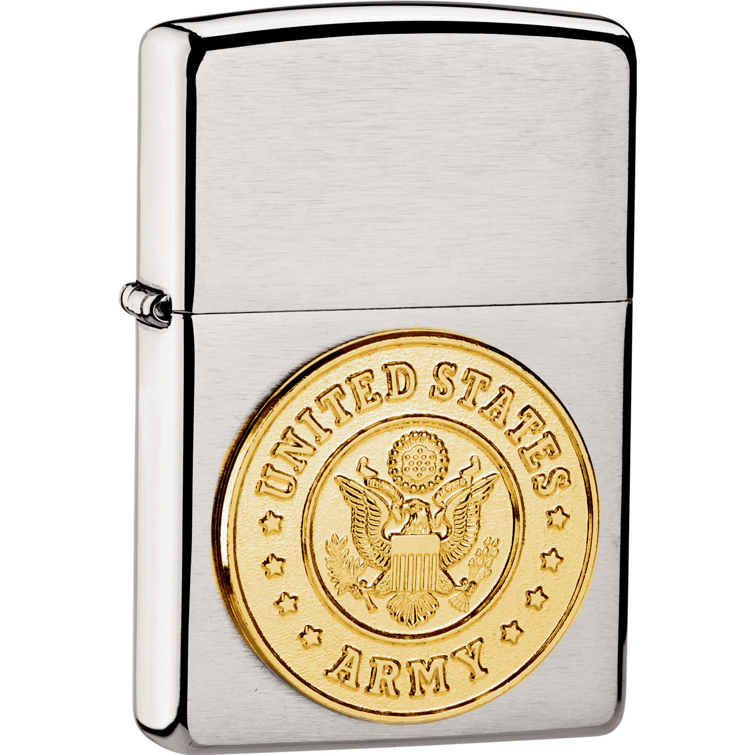 U.S. Army Zippo lighter with a gorgeous gold-tone U.S. Army emblem on the brushed chrome lighter; made in the USA.