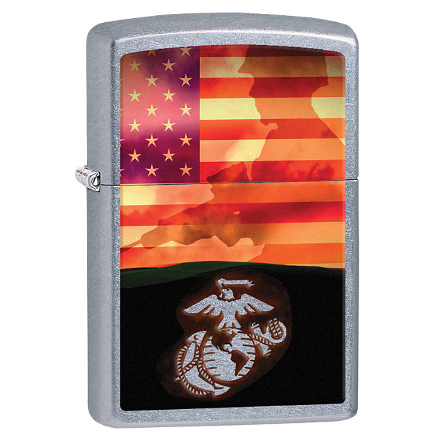 U.S. Marine chrome Zippo lighter with the U.S. flag.