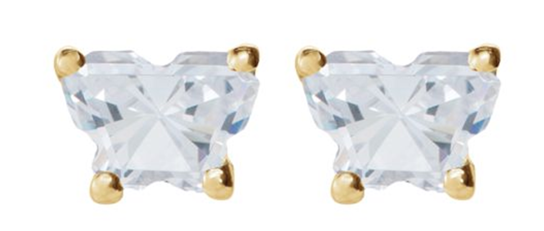 Bfly White CZ April Birthstone Earrings in 14k Yellow Gold.