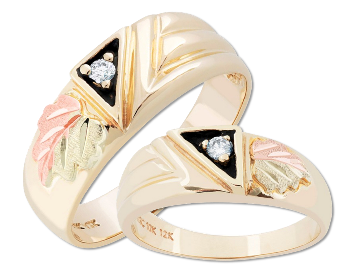 Each wedding band contains 1 diamonds; bands are crafted in 10k yellow gold, 12k rose gold, 12k green gold.