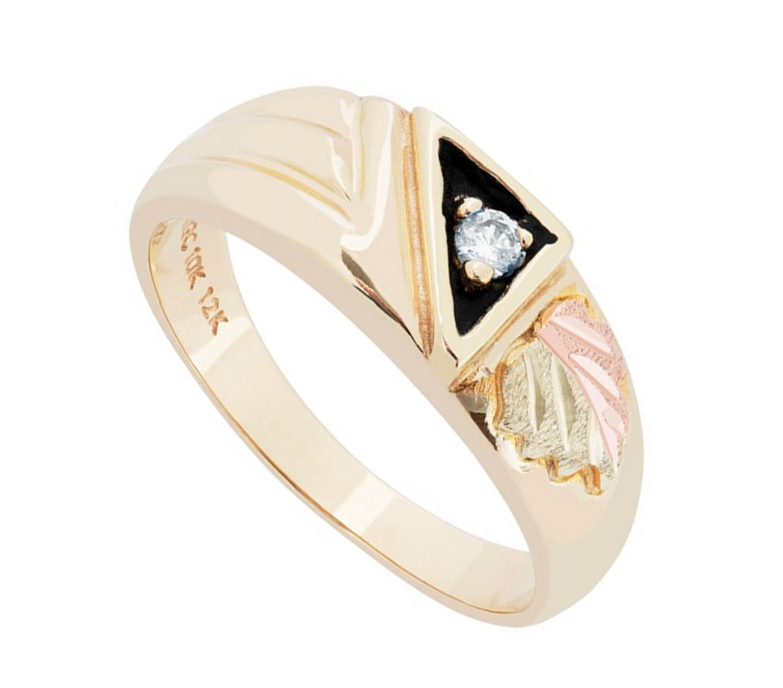 Each wedding band contains 1 diamond; bands are crafted in 10k yellow gold, 12k rose gold, 12k green gold.