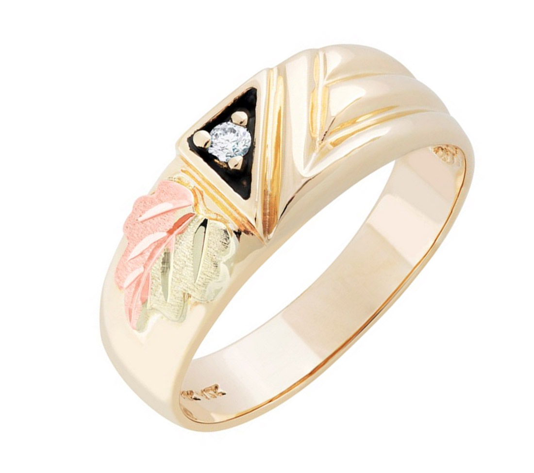Each wedding band contains 1 diamonds; bands are crafted in 10k yellow gold, 12k rose gold, 12k green gold.