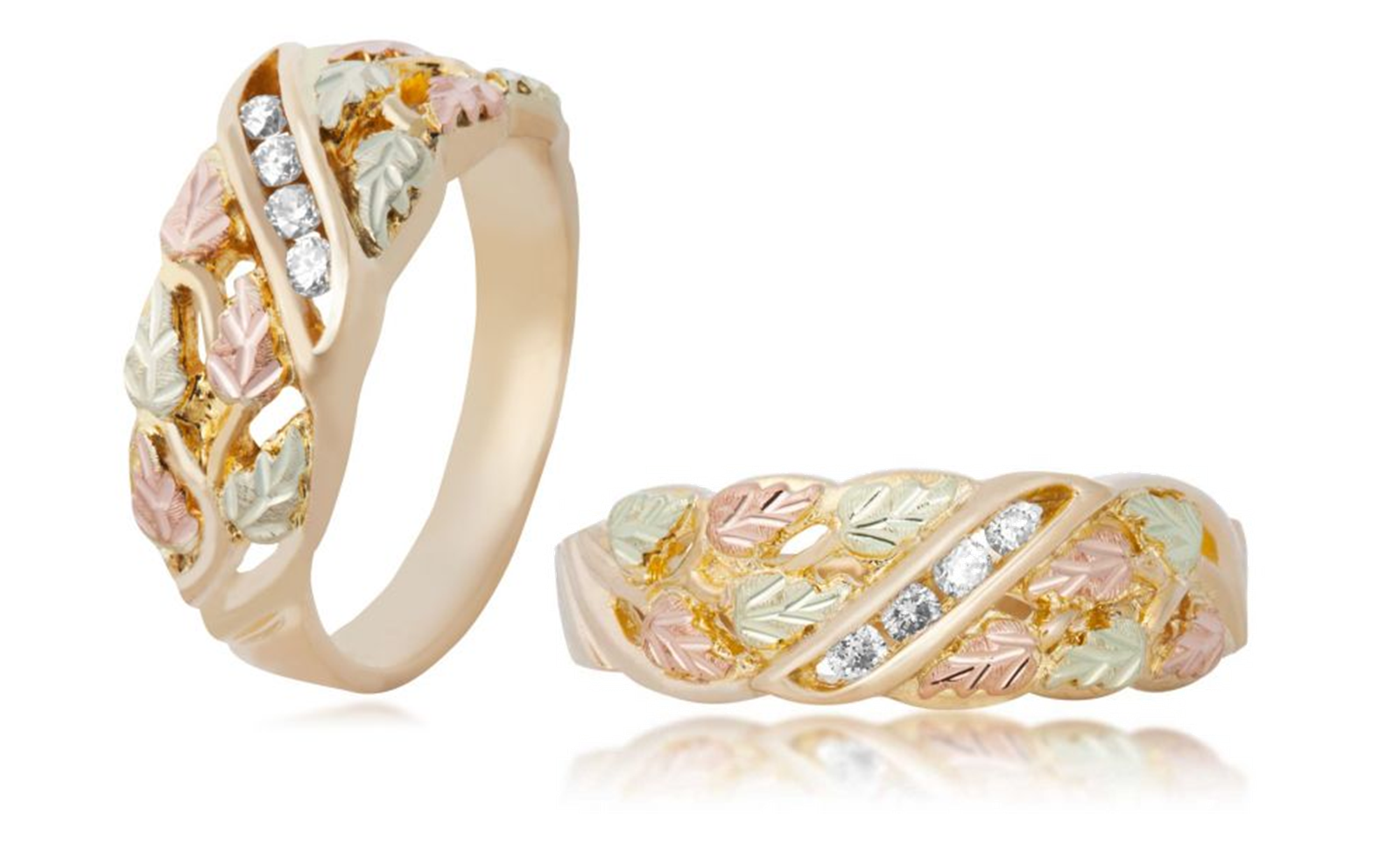 Each wedding band contains 4 diamonds; bands are crafted in 10k yellow gold, 12k rose gold, 12k green gold.