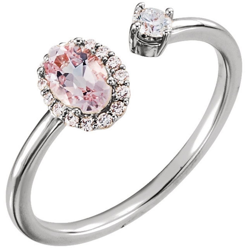 Diamond and Morganite Two-Stone Halo-Style Ring, Rhodium-Plated 14k White Gold
