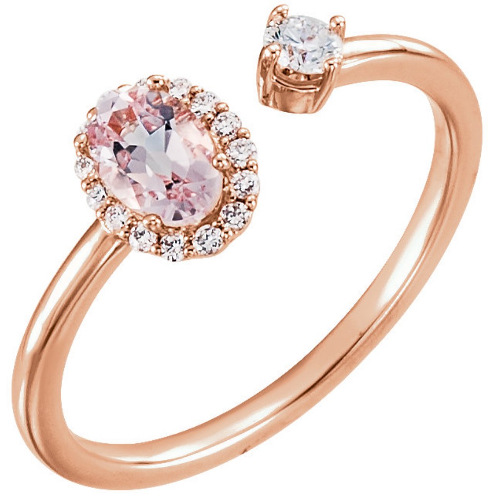 Diamond and Morganite Two-Stone Halo-Style Ring, 14k Rose Gold
