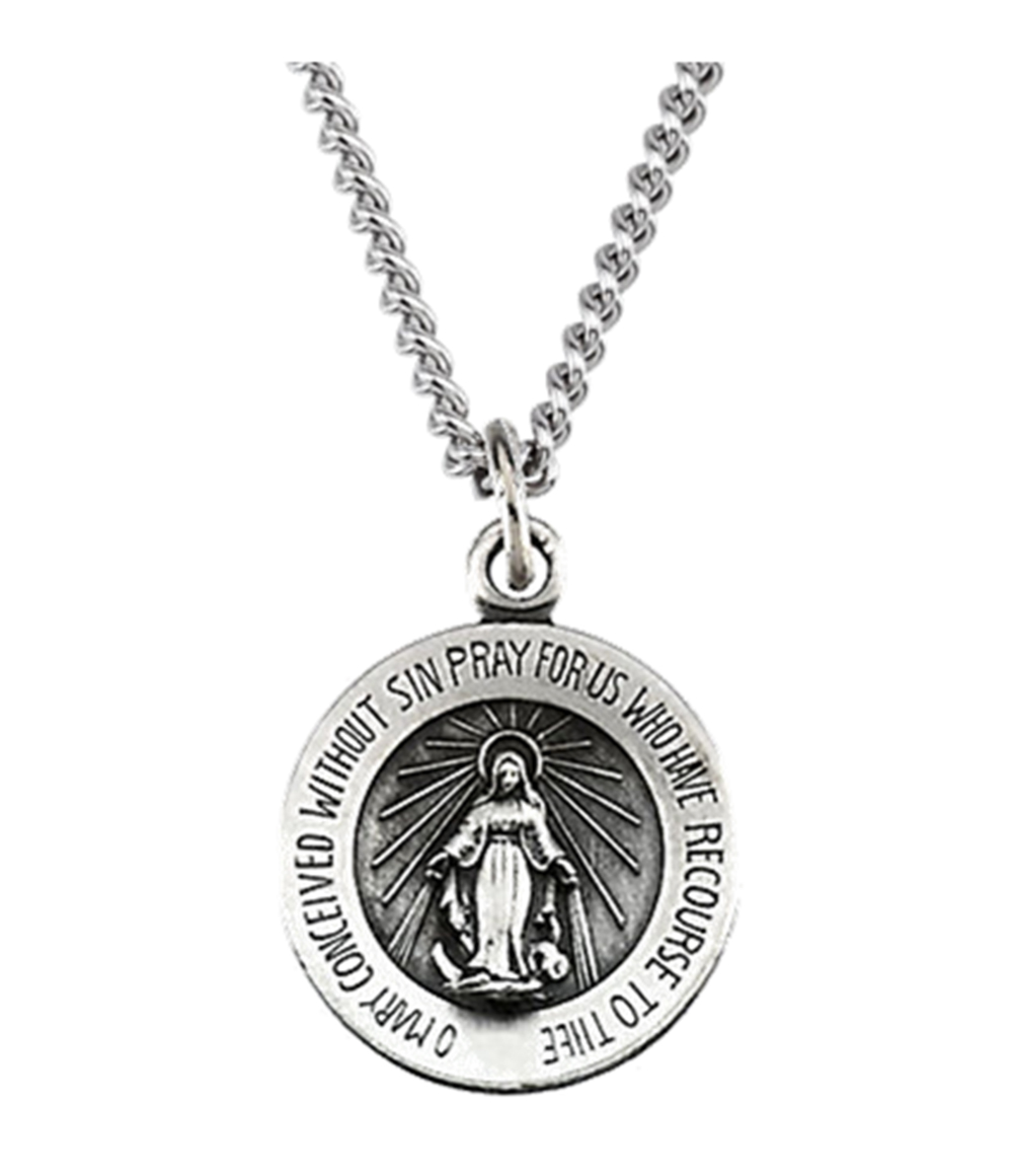 Rhodium Plated Sterling Silver Miraculous Medal with Curb Chain Necklace, 18" (12 MM).