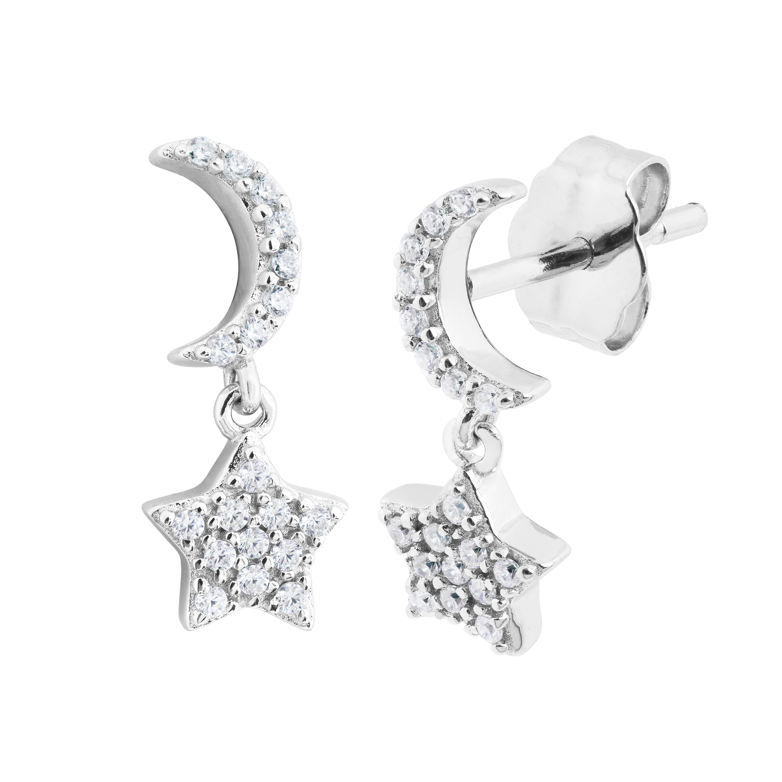Moon and Star Dangle Earrings, Rhodium Plated Sterling Silver